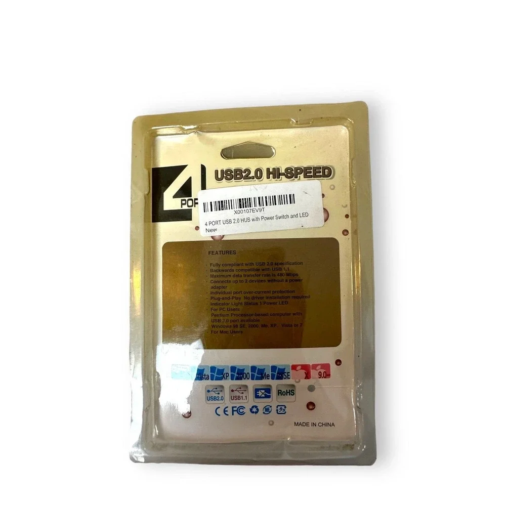 USB 2.0 Hub With Power Switch and LED 4 Port New in Package Black 480 Mbps